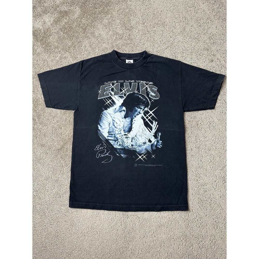 Vintage Mens Tshirt 2004 Elvis Live In Las Vegas Black Graphic, Music Size M